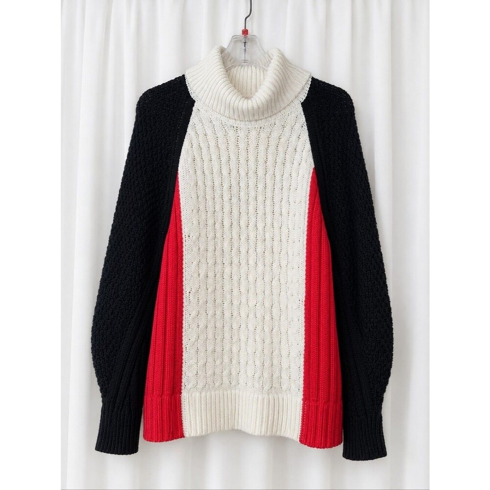 Talbots Red Black Cream Colorblock Chunky Cable Knit Pullover Turtleneck Sweater